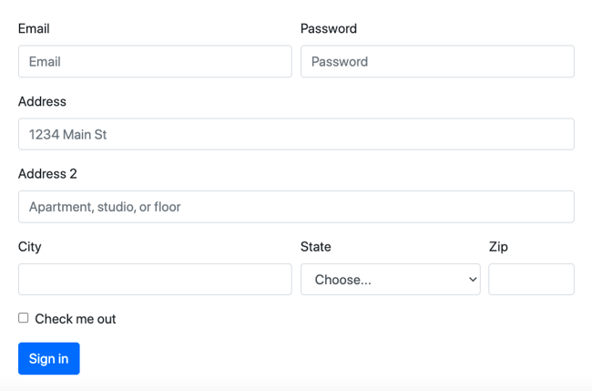 Bootstrap Address form uses grid classes to display Address and Address 2 labels on different rows and city, state, and zip on single horizontal row